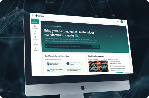 SciNode platform on a monitor for molecule and manufacturing sourcing