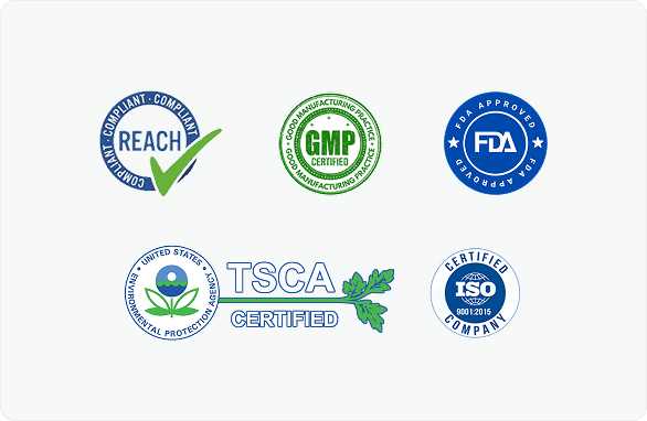 REACH, GMP, FDA, TSCA, and ISO 9001 compliance certification badges