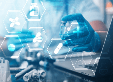 Pharmaceutical digital compliance and research icons overlay