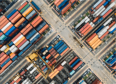Aerial view of shipping containers at a port