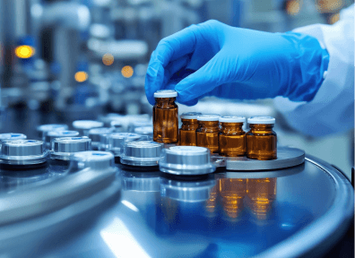 Technician inspecting amber vials on a production line